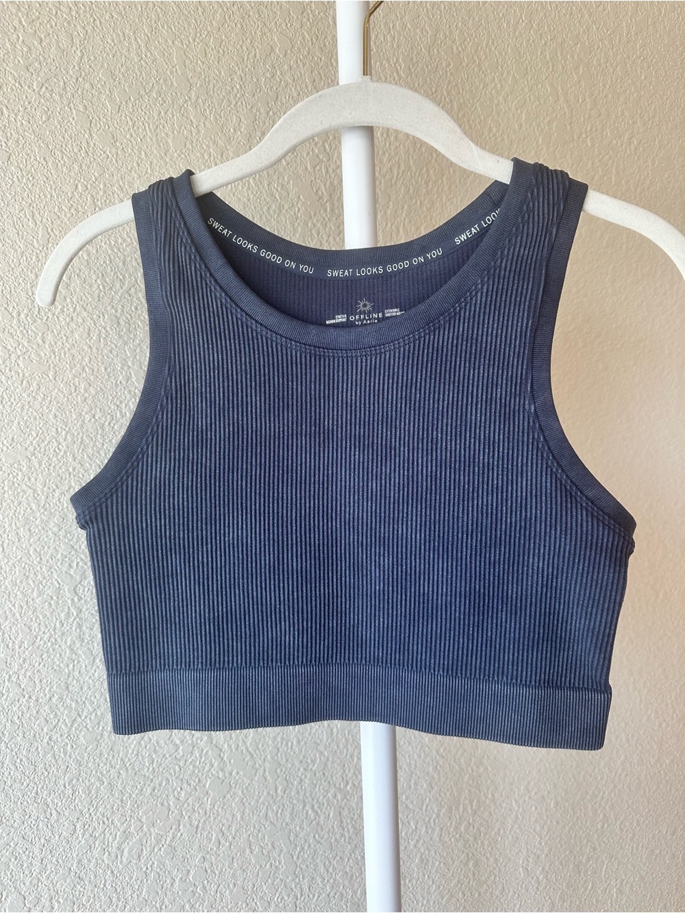 Offline by aerie seamless ribbed crop tank top washed navy blue size medium